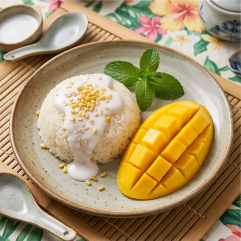 Thai mango sticky rice, professional food photography, appetizing