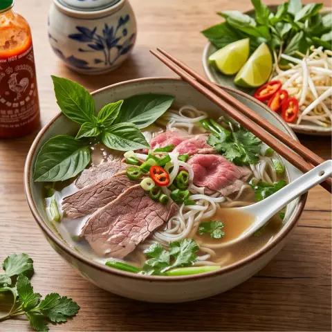 Vietnamese pho with herbs, professional food photography, appetizing