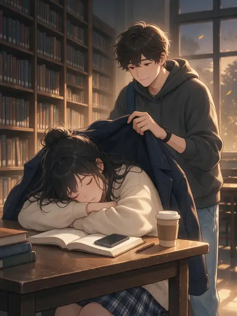 Webtoon campus romance: a girl falling asleep on a library desk while a boy gently places his jacket over her shoulders,