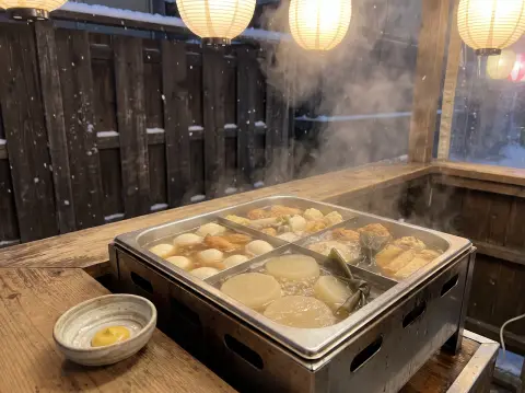 Food photography of oden simmering in a divided pot at a Japanese winter stall, daikon, eggs…