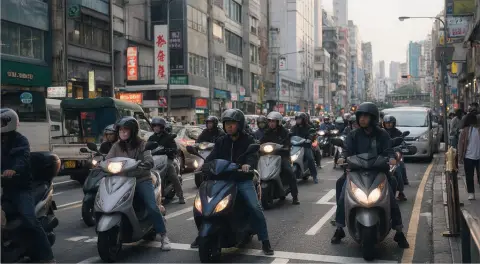 A Taipei street with scooters, cinematic street photography