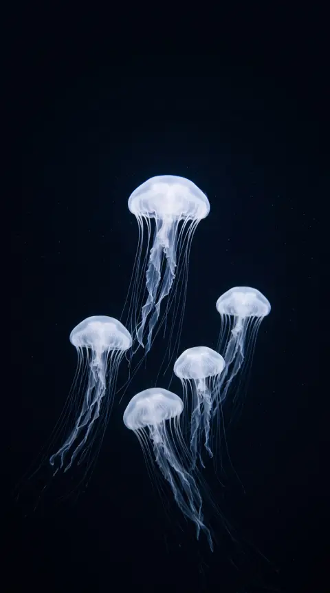 Minimal phone wallpaper of white jellyfish drifting in deep black water, soft bioluminescent glow, elegant