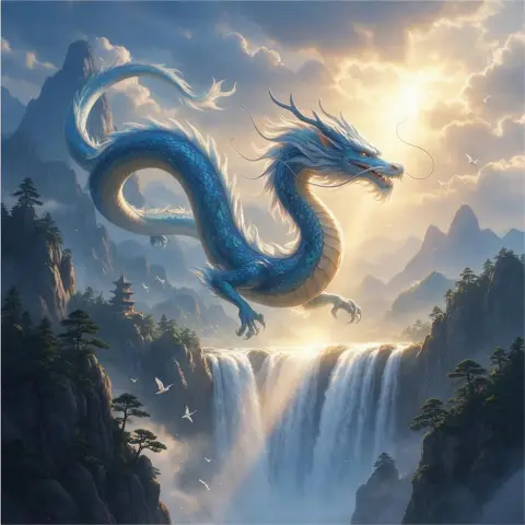 An Eastern dragon over a waterfall, epic fantasy digital painting, cinematic light
