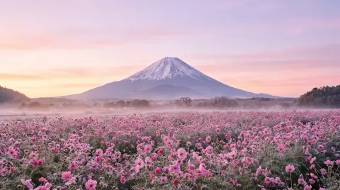 Landscape: Mount Fuji at dawn seen across a field of pink cosmos flowers, light frost, pastel sky, crisp autumn air