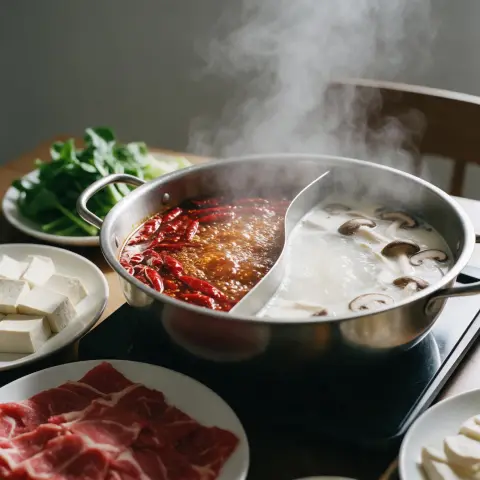 Chinese hot pot with a split red chili broth and white mushroom broth bubbling, plates of thinly sliced beef…