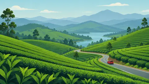 Vector landscape illustration of rolling green tea hills with a winding road and a tiny red car, flat layered shapes, ca