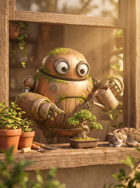 3D character: a cute robot gardener watering a tiny bonsai on a windowsill, rounded shapes, warm morning light, Pixar-li