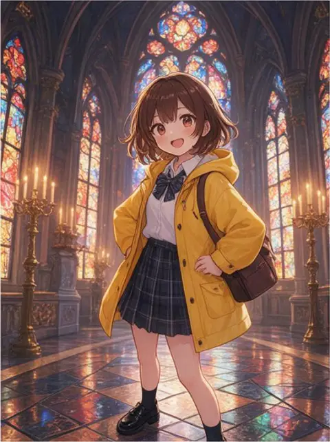 vibrant anime illustration, dynamic composition: a schoolgirl with a yellow raincoat in a fantasy castle hall