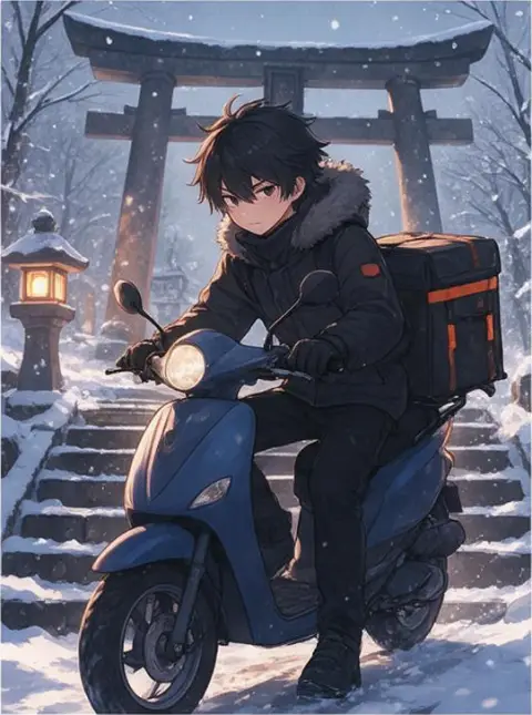 modern anime key visual, cel shading, detailed background: a delivery boy on a scooter in a snowy shrine