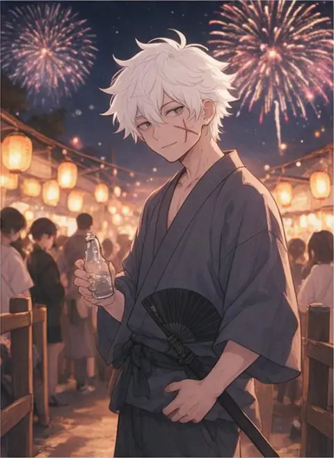 lo-fi anime illustration, cozy palette: a cool boy with white hair and a scar at a summer festival with fireworks