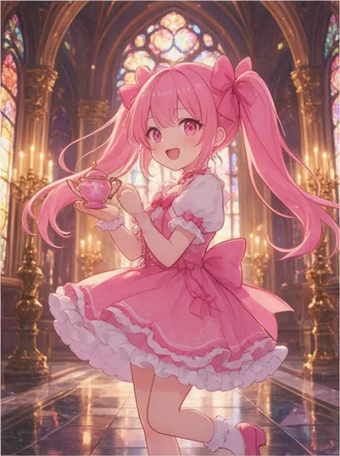 vibrant anime illustration, dynamic composition: a girl with pink twin tails in a fantasy castle hall