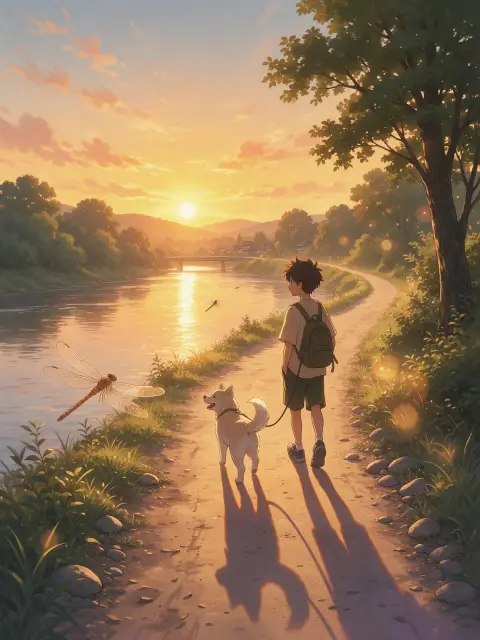 Anime boy and his dog walking home along a riverbank at sunset, long shadows, dragonflies, warm nostalgic slice of life
