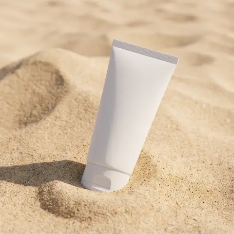 A sunscreen tube on beach sand, luxury product photography, minimal composition