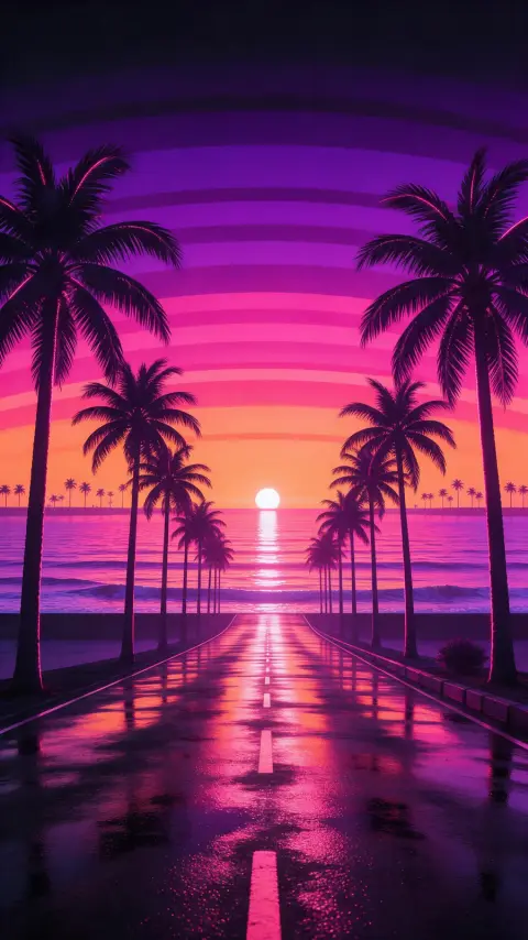 Retro synthwave phone wallpaper of a palm-lined road leading to a striped sunset over the sea, no text