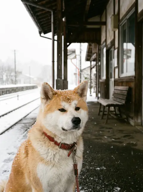 Akita dog waiting faithfully at a train station platform in snow, red collar, gentle eyes, quiet emotional mood