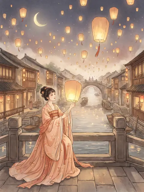 Guofeng illustration of a young woman in layered peach hanfu releasing a paper lantern at the Lantern Festival, hundreds