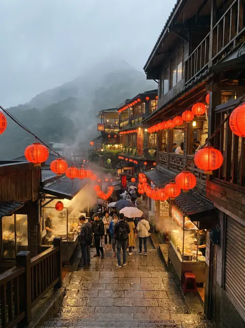 Jiufen mountain town in Taiwan at night, red lanterns along stone stairs, misty hills, vertical view