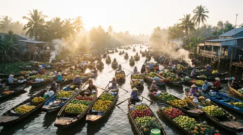 Mekong delta floating market at sunrise, wooden boats loaded with fruit, morning mist on the river, golden light on palm