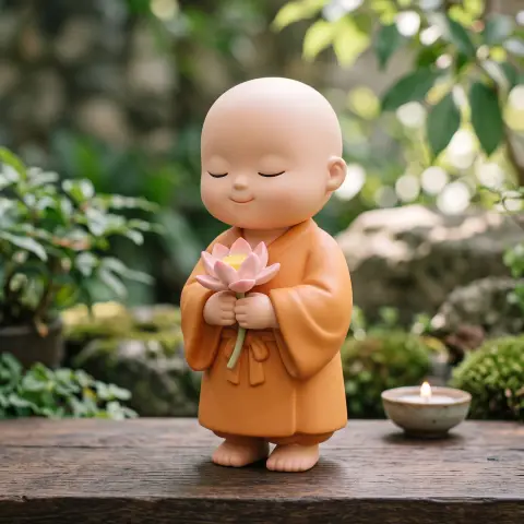 3D vinyl toy of a little monk with a round head holding a lotus, soft matte finish, calm smile, designer art toy photogr