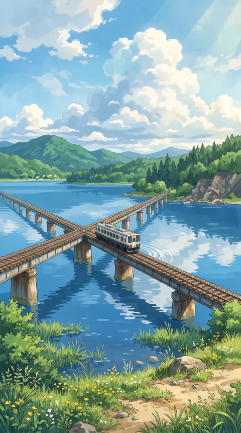 Aesthetic phone wallpaper of a tiny train crossing a vast blue lake on a single track, reflections of clouds, summer ani