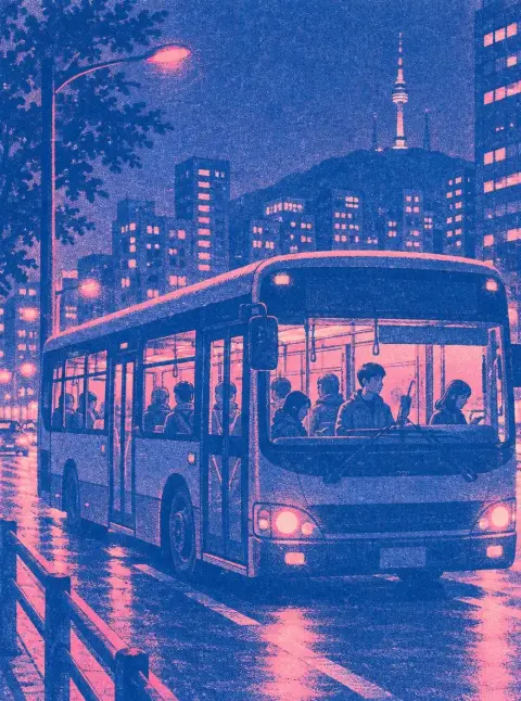 Risograph print style illustration of a Seoul bus at night with passengers, two-color pink and blue, grain texture