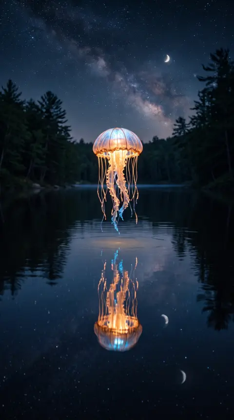Phone wallpaper of a glowing jellyfish-shaped lantern floating over a dark lake at night, reflections, calm and magical