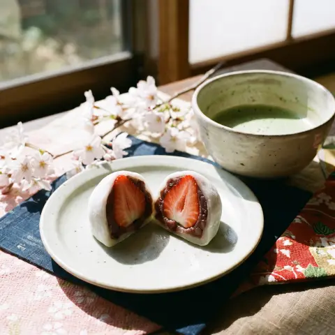 Japanese strawberry daifuku cut in half to show red bean paste around a whole strawberry…