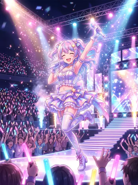 Anime idol singer on stage with a cheering crowd and glowing light sticks, sparkling pastel stage lights, dynamic pose w