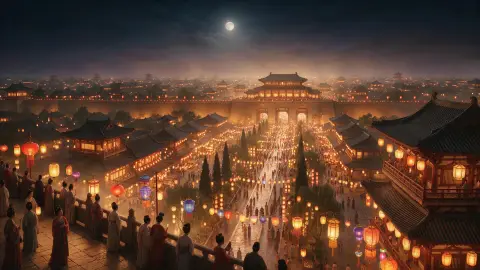 Ancient Chang'an city at night during the lantern festival, thousands of lanterns along the streets, crowds in Tang-era