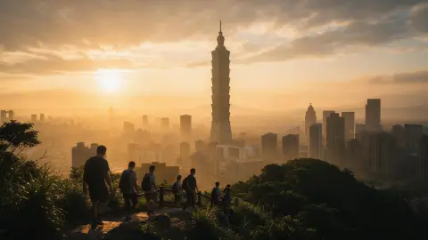 Taipei 101 rising above the city at sunset seen from Elephant Mountain, silhouetted hikers in the foreground, golden haz