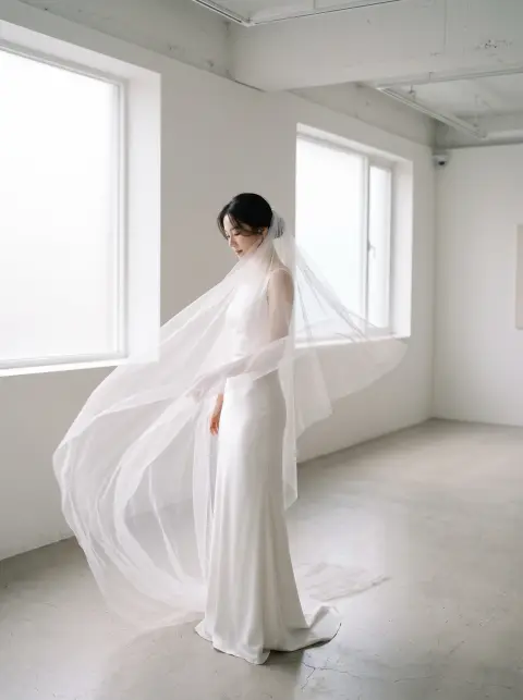 Bridal editorial: a Korean bride in a clean satin column gown with a long cathedral veil, standing in a white-washed gal