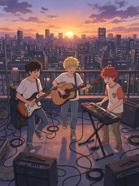 Anime style: a boy band trio rehearsing on a rooftop at sunset with guitars and a keyboard, city skyline behind, wind in