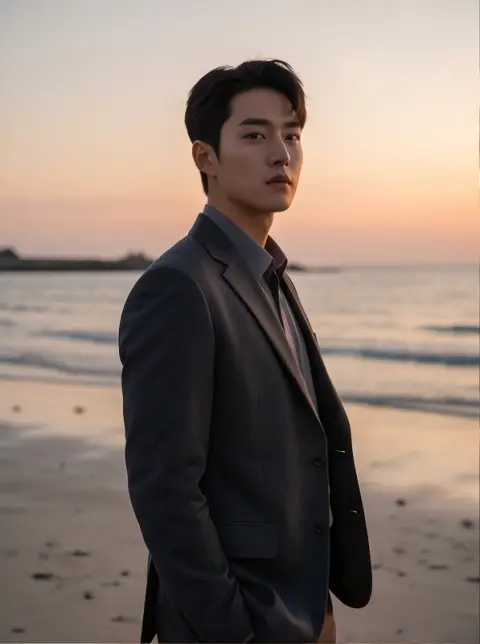 Portrait of a young Chinese man wearing a tailored charcoal suit in a Jeju beach at sunset, cinematic side light, high f