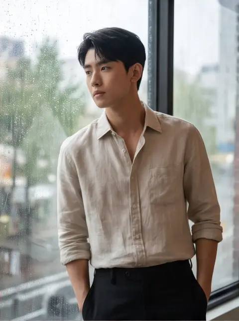 Portrait of a young Chinese man wearing a linen shirt in a rainy cafe window, overcast diffused light, high fashion camp