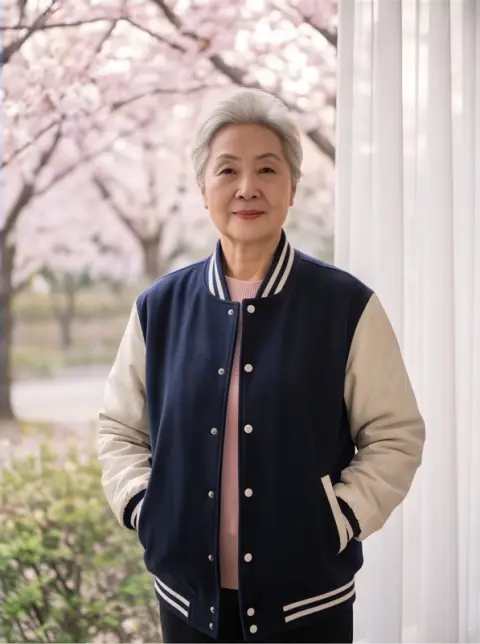 Portrait of a Chinese grandmother wearing a varsity jacket in a cherry blossom park, soft window light, high fashion cam