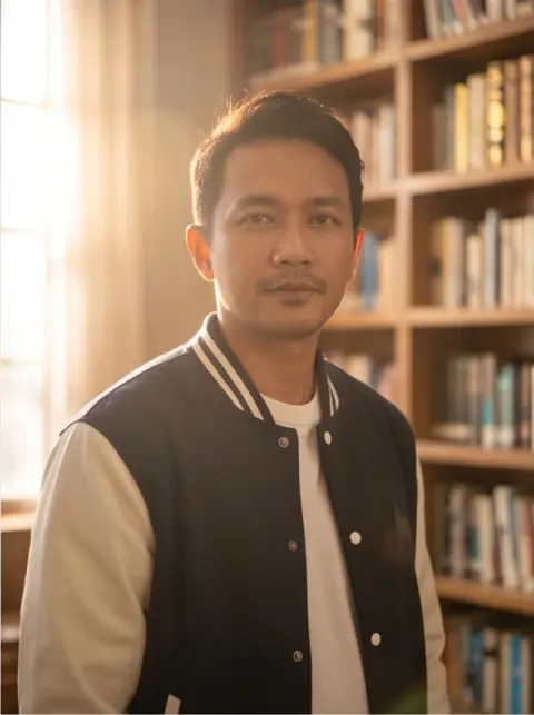 Portrait of an Indonesian man in his thirties wearing a varsity jacket in a sunlit library, golden hour backlight, dream