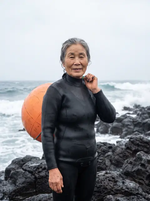 Korean grandmother haenyeo diver on a Jeju basalt shore, black wetsuit, round orange float on her shoulder, wet silver h