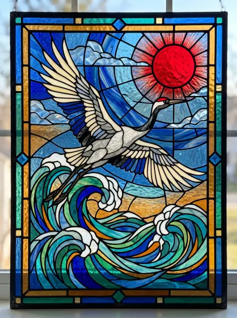 Stained glass style illustration of a crane flying over waves and a red sun, bold lead lines, jewel tones