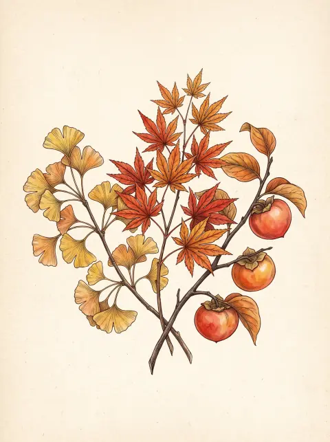 Botanical illustration: autumn ginkgo, maple and persimmon branches arranged elegantly on cream paper, fine linework and