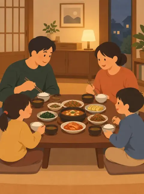 Flat illustration of a Korean family having dinner around a low table, warm home lighting, simple geometric shapes, cozy