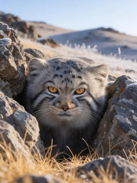 Pallas's cat peering out of a rock crevice on a frosty Mongolian hillside, thick silver-grey fur, flat grumpy face, inte