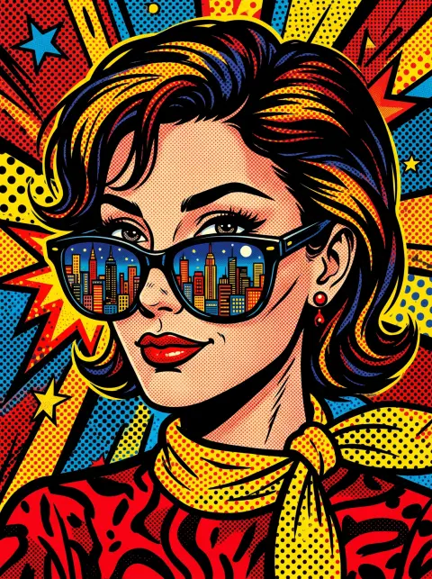 Bold pop-art illustration of a woman with sunglasses reflecting a city skyline, halftone dots, vivid red and yellow, com