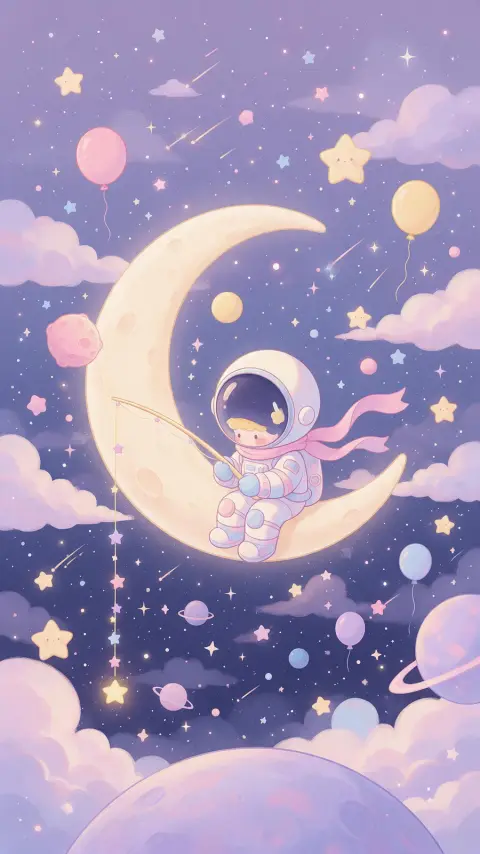 Phone wallpaper of a tiny astronaut sitting on a crescent moon fishing among stars, cute pastel style