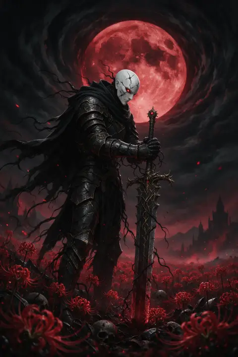 Anime dark fantasy knight with a cracked white mask and a huge sword standing in a field of red spider lilies under a bl