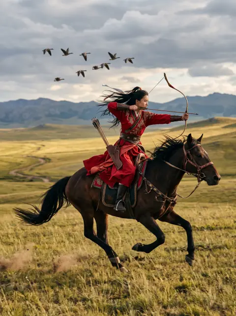 Guofeng archer princess in red riding attire drawing a bow on horseback across a grassland, hair flowing, wild geese ove