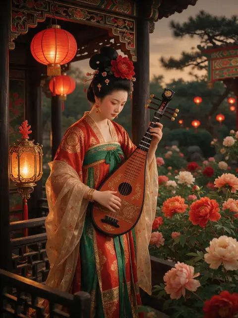 Tang dynasty court lady in vivid red and green ruqun with a high bun and floral hair ornaments, playing a pipa in a gard