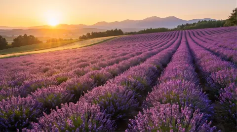 A Hokkaido lavender field, epic landscape photography, golden hour