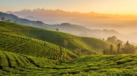 A tea plantation in Darjeeling hills, epic landscape photography, golden hour
