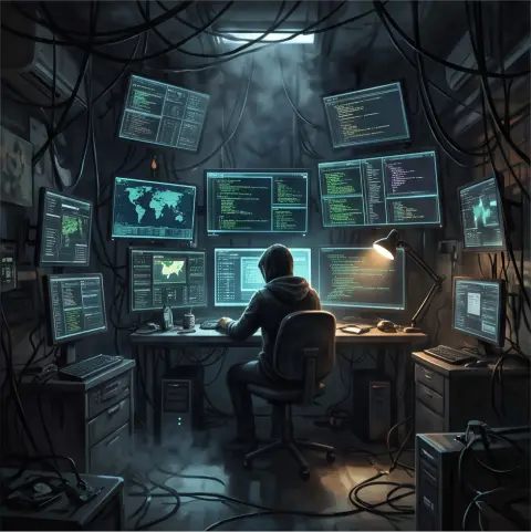 A hacker den with many screens, cinematic sci-fi concept art, volumetric light