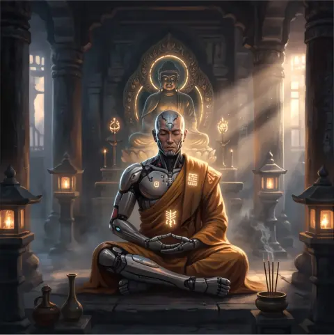 A cyborg monk in a temple, cinematic sci-fi concept art, volumetric light